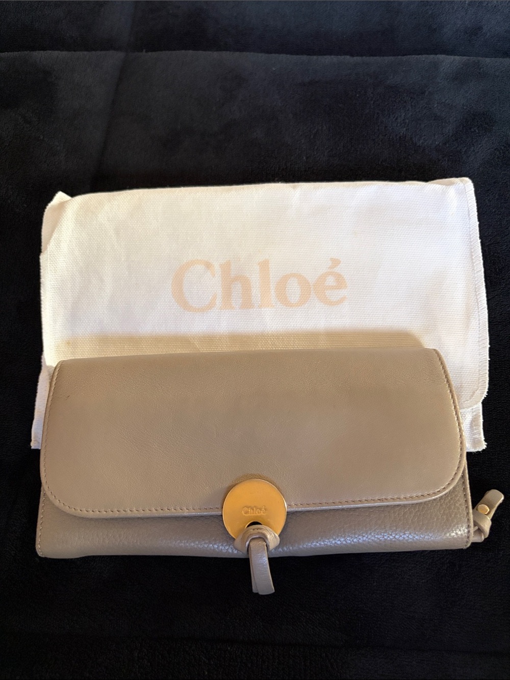Chloé Taupe Leather Continental Wallet with Gold-Tone Disc